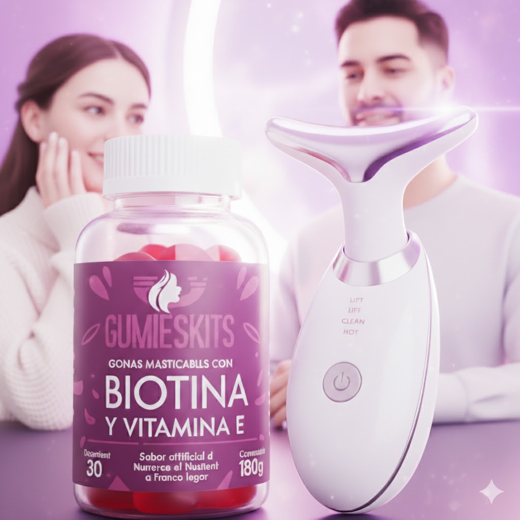 Combo Antiedad Premium: Masajeador Facial LED + Gomas Biotina, Colágeno y Vitamina E