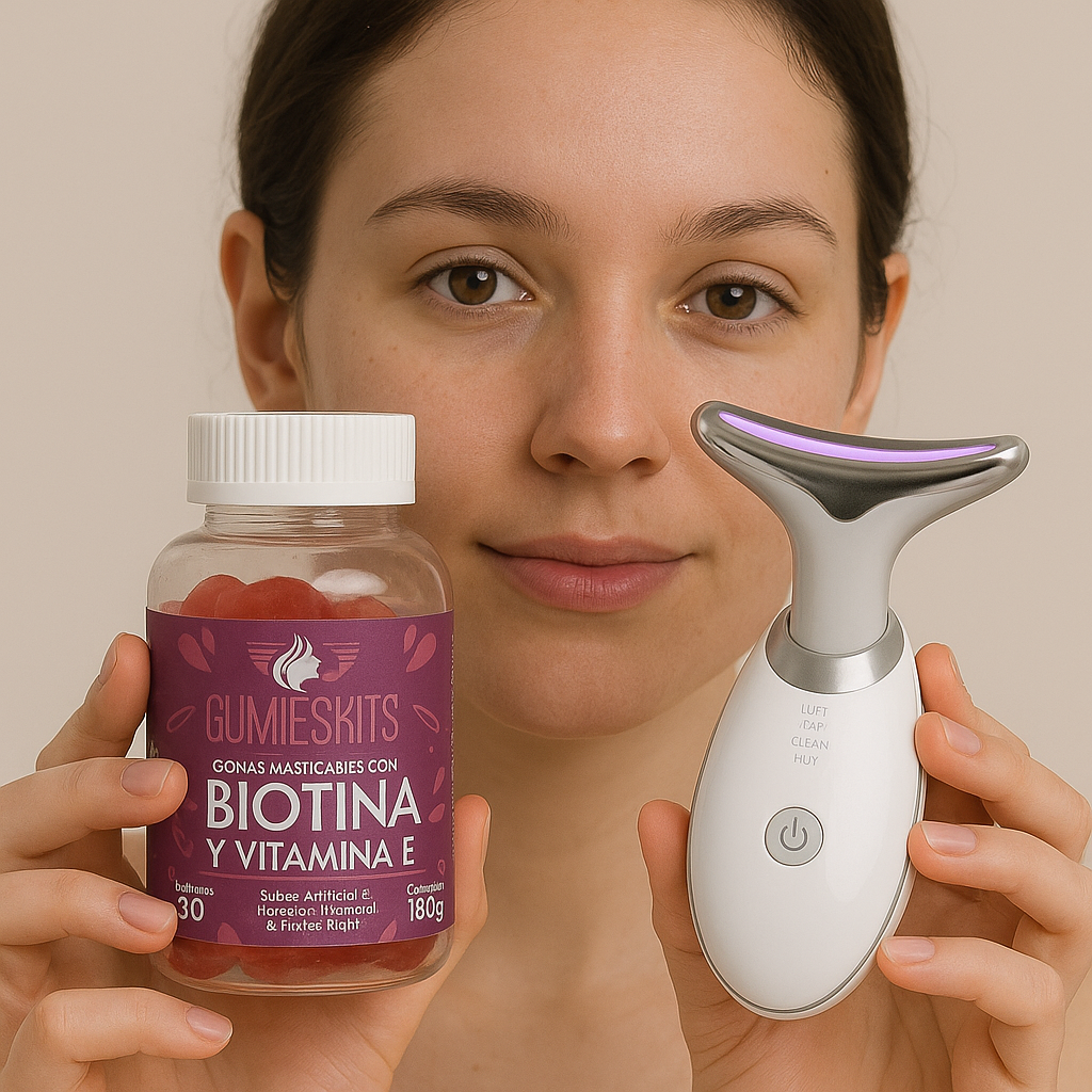 Combo Antiedad Premium: Masajeador Facial LED +  Gomas Biotina, Colágeno y Vitamina E